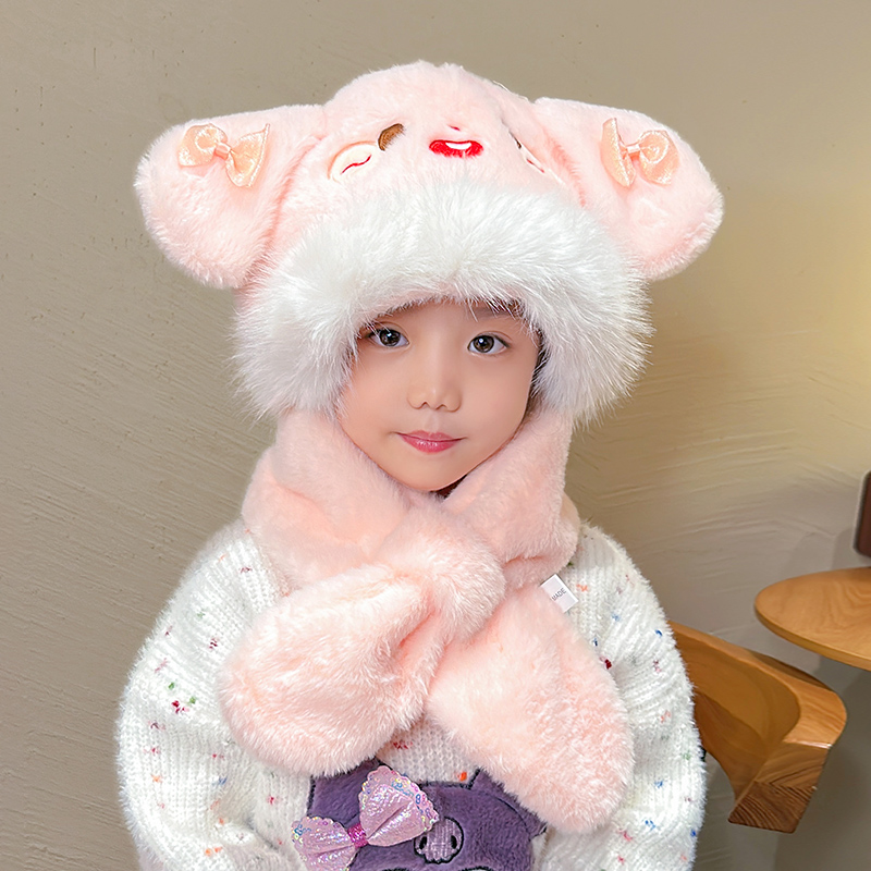 卡通可爱帽子围巾一体帽两件套保暖男童女童宝宝儿童帽子加绒加厚