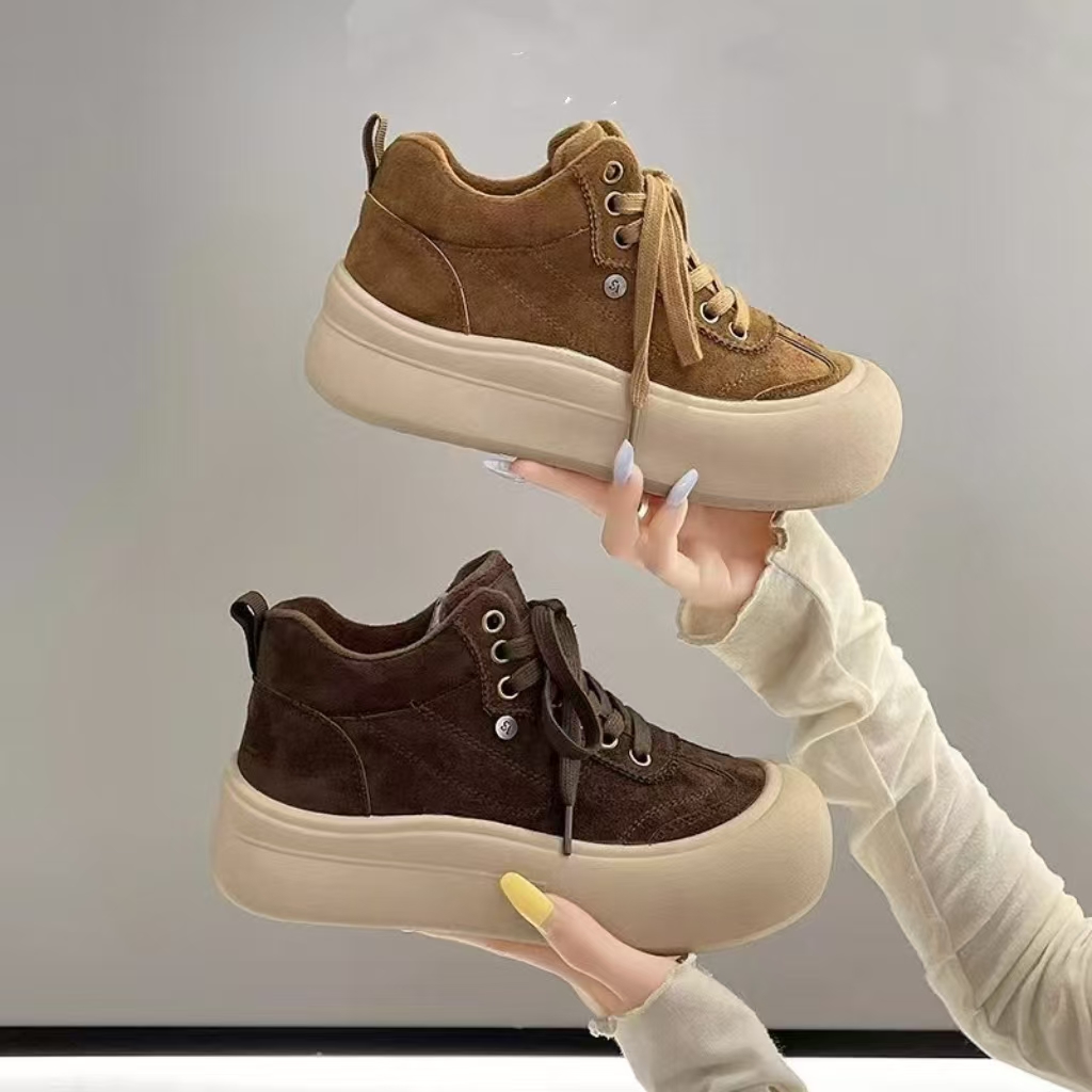 二棉 高帮鞋女秋季加绒厚底增高小白鞋百搭休闲运动板鞋  107
