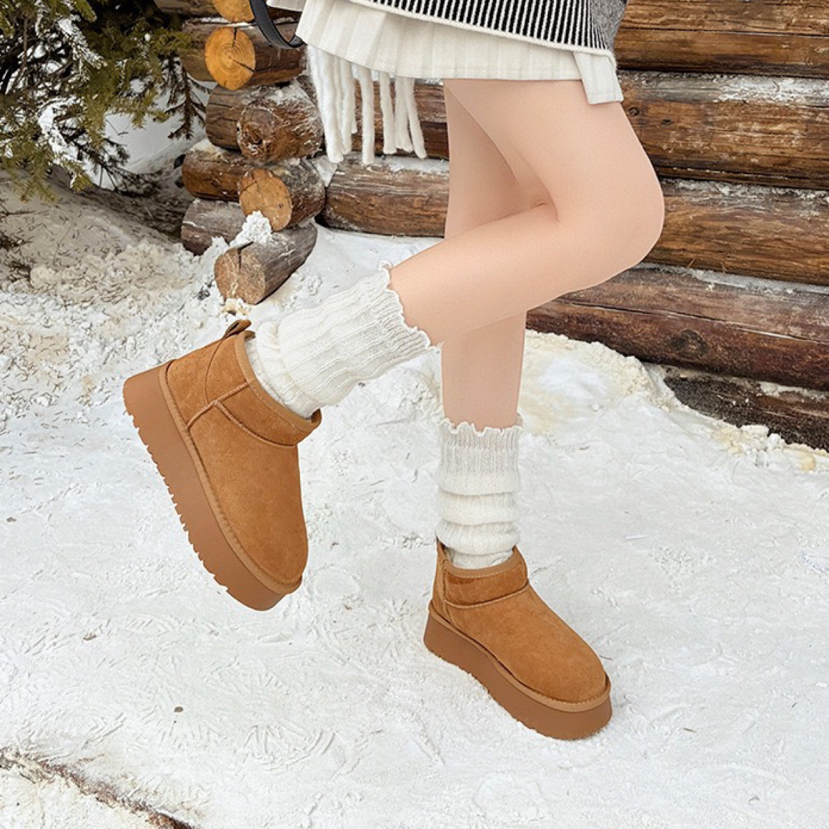 【一博同款】真皮雪地靴女厚底防滑加绒保暖冬季新款百搭短筒棉靴