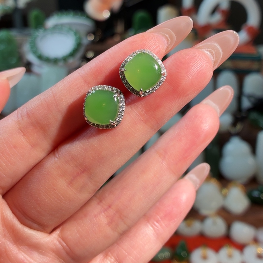 和田玉银S925镶嵌耳饰