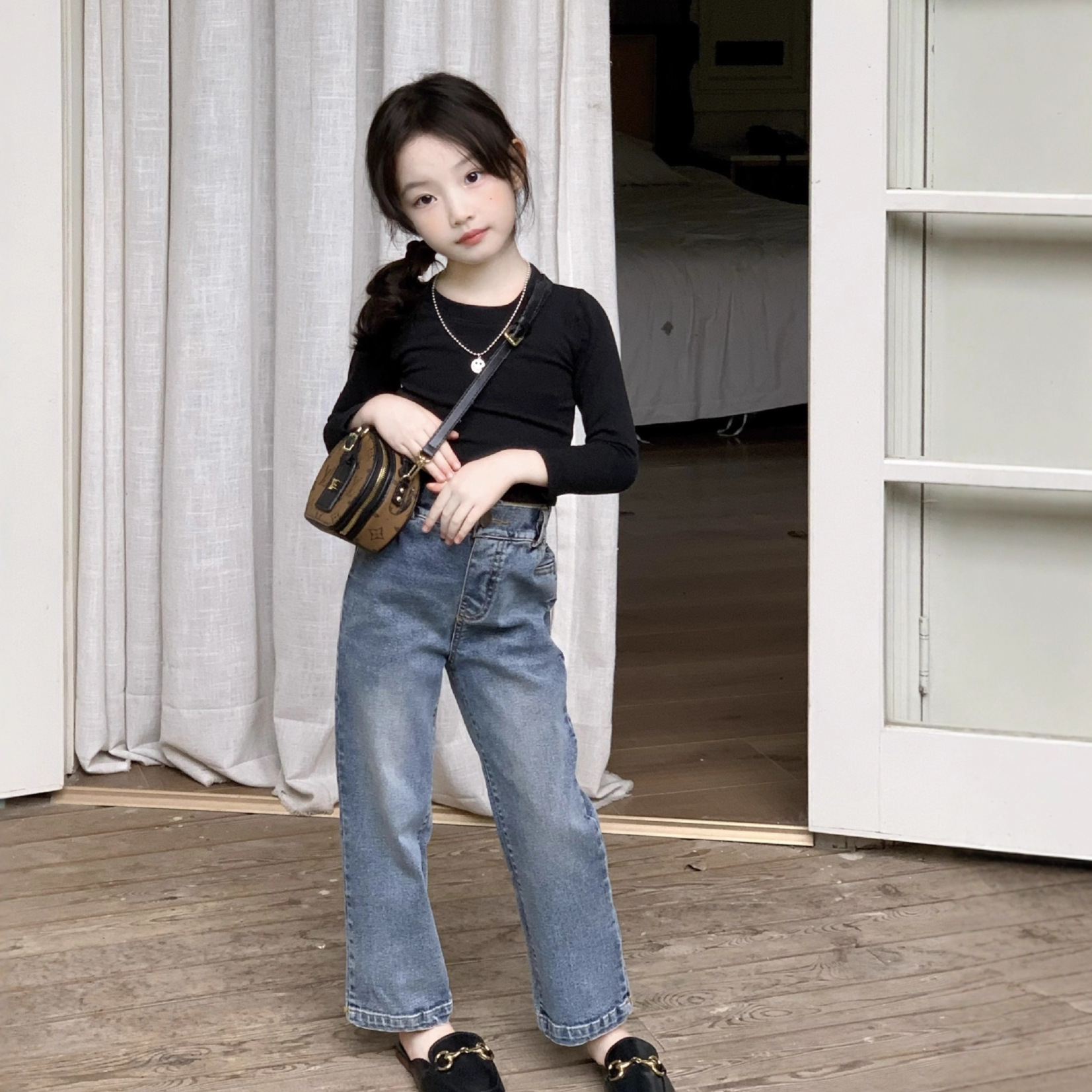 大橙子Studio女童打底衫2025秋新款韩版辣妹风长袖短T牛仔裤套装