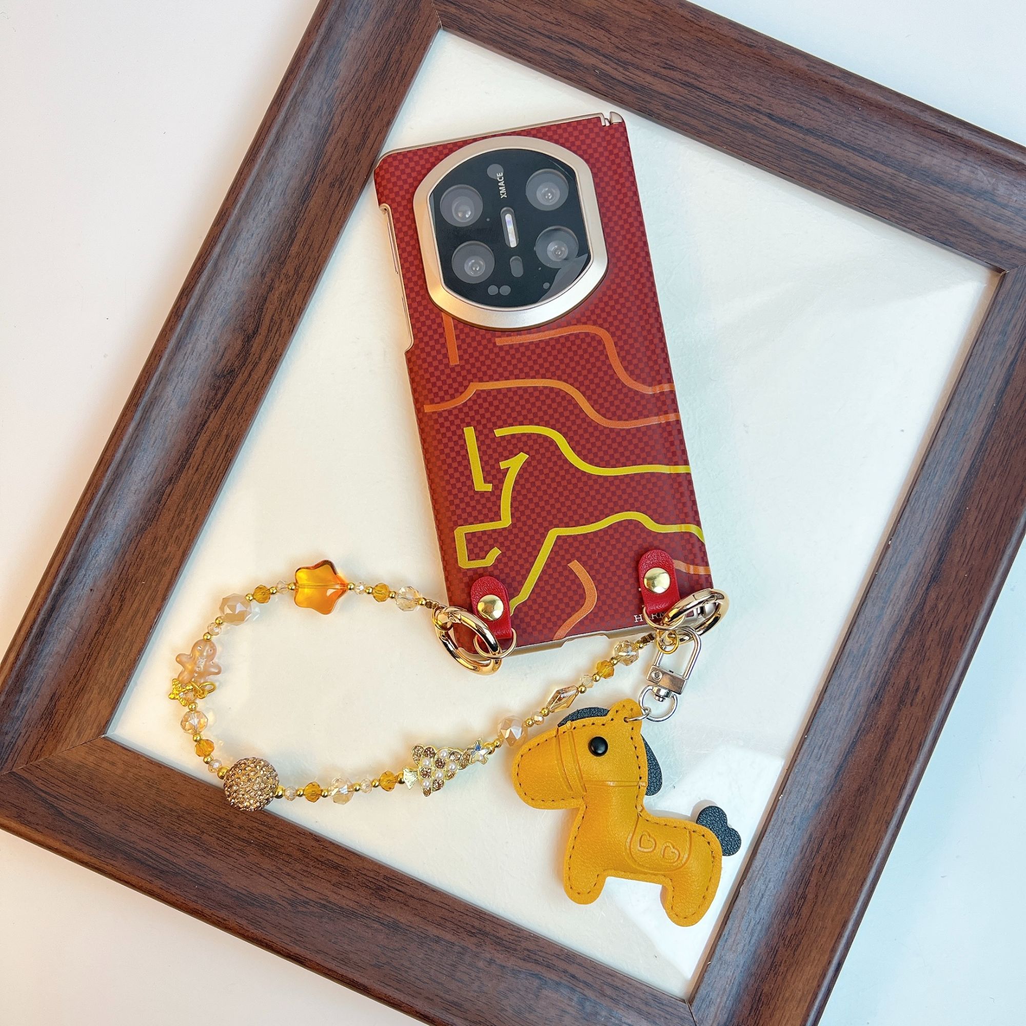 品申原创小众红色皮质小马挂件手提链条适用华为matex7折叠手机壳