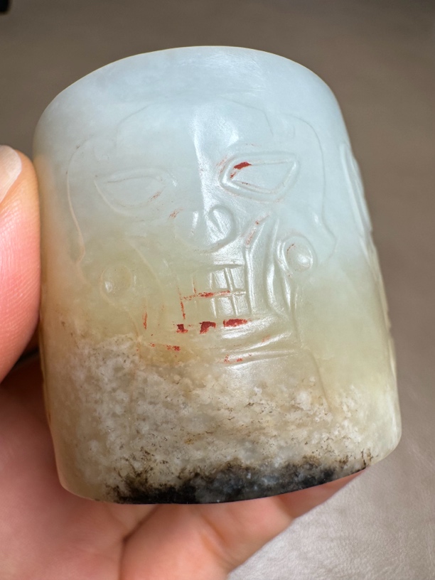 石家河文化神人面玉琮黑沁外方内圆玉琮手把件礼器精美玉料白润