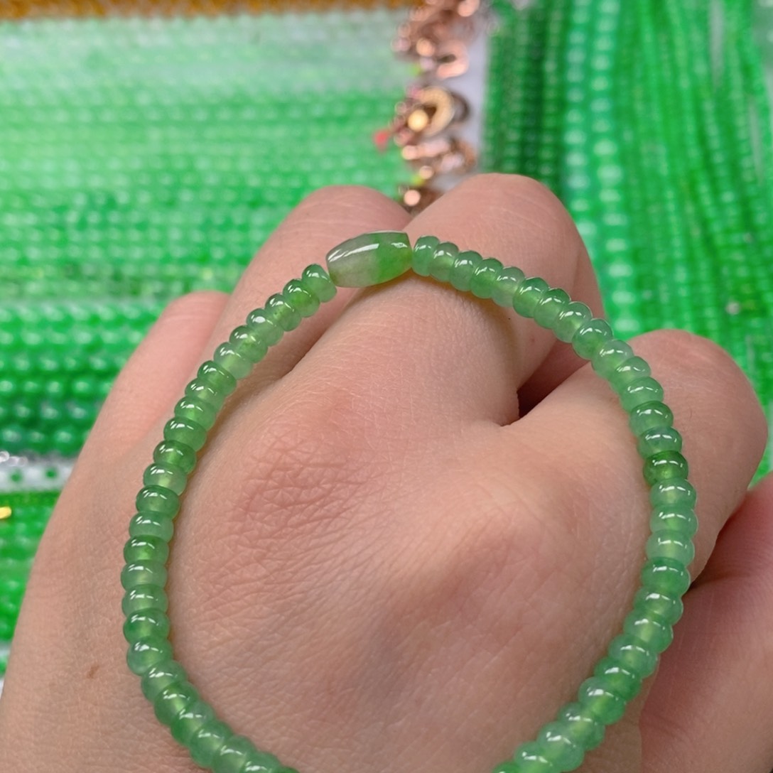 翡翠颈饰未镶嵌缅甸天然翡翠冰晴算盘珠手链4.5m'm
