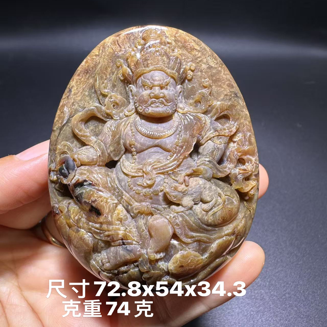 缅甸天然琥珀大师工根珀雕刻黄财神吊坠挂件