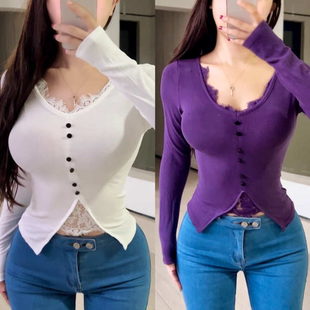 燃燃家纯欲V领蕾丝拼接长袖T恤不规则下摆显瘦内搭上衣打底衫 女