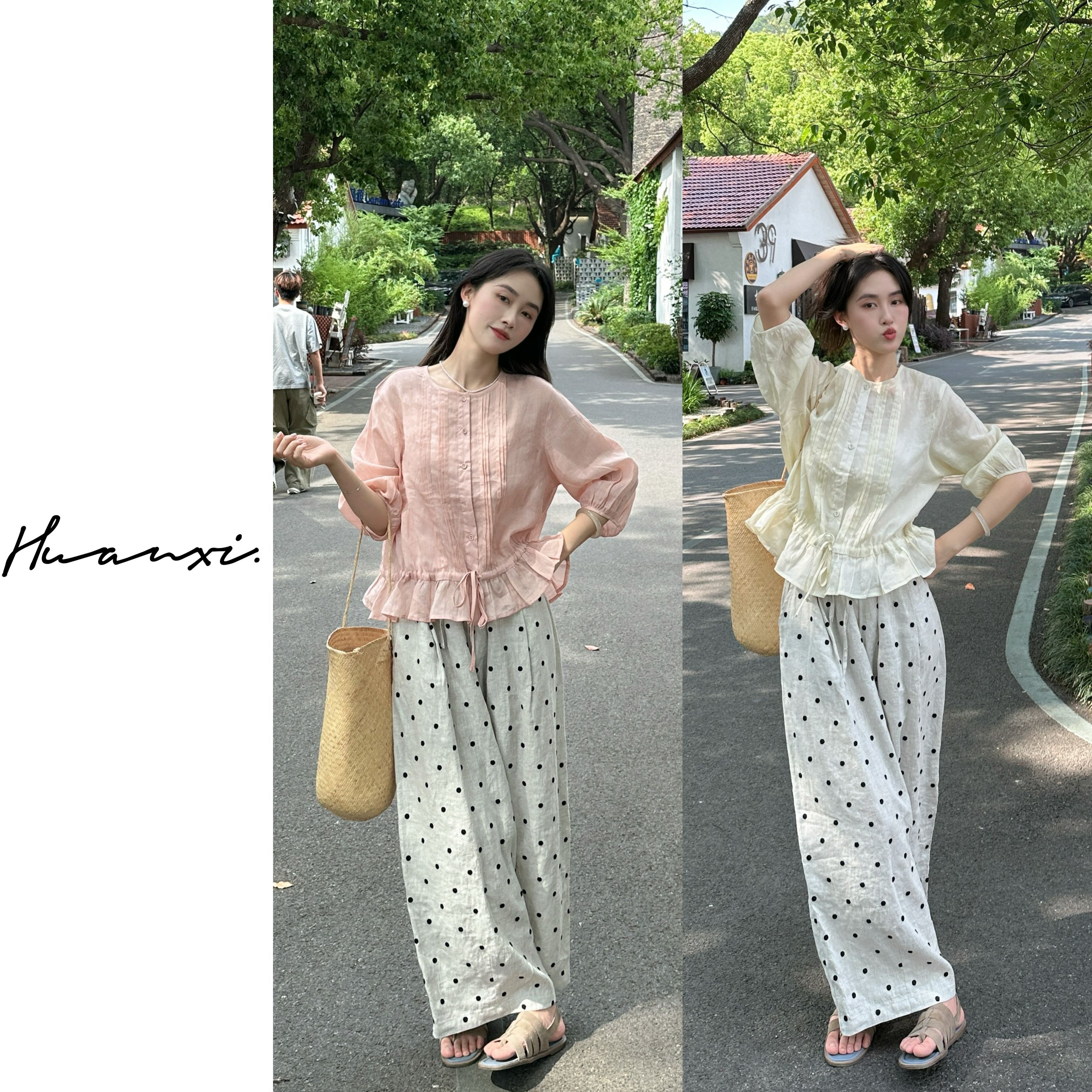 【歡囍】韩系荷叶边拼接摆超细亚麻风琴褶气质圆领女士衬衫