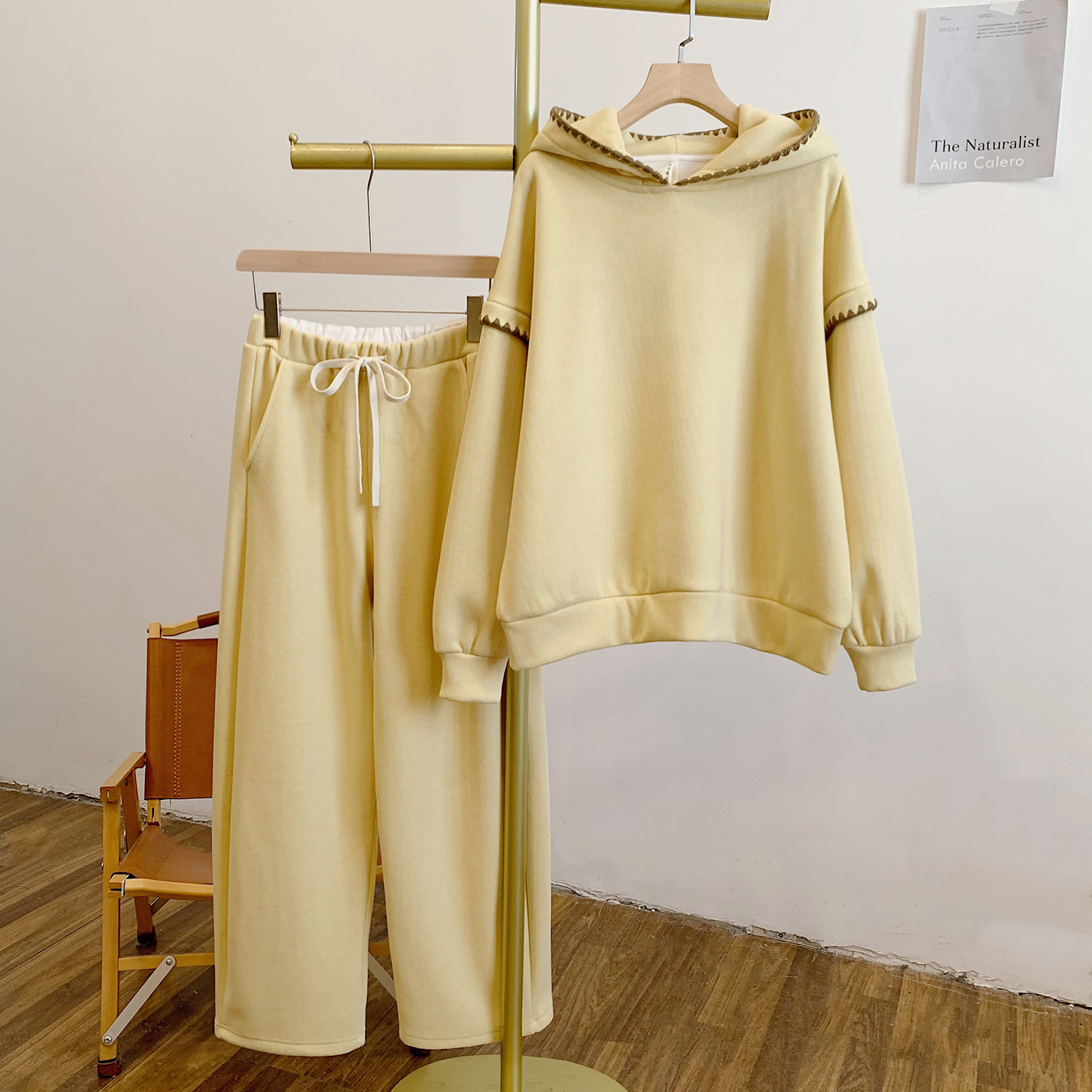 C5135加绒刺绣连帽卫衣松紧腰休闲裤套装