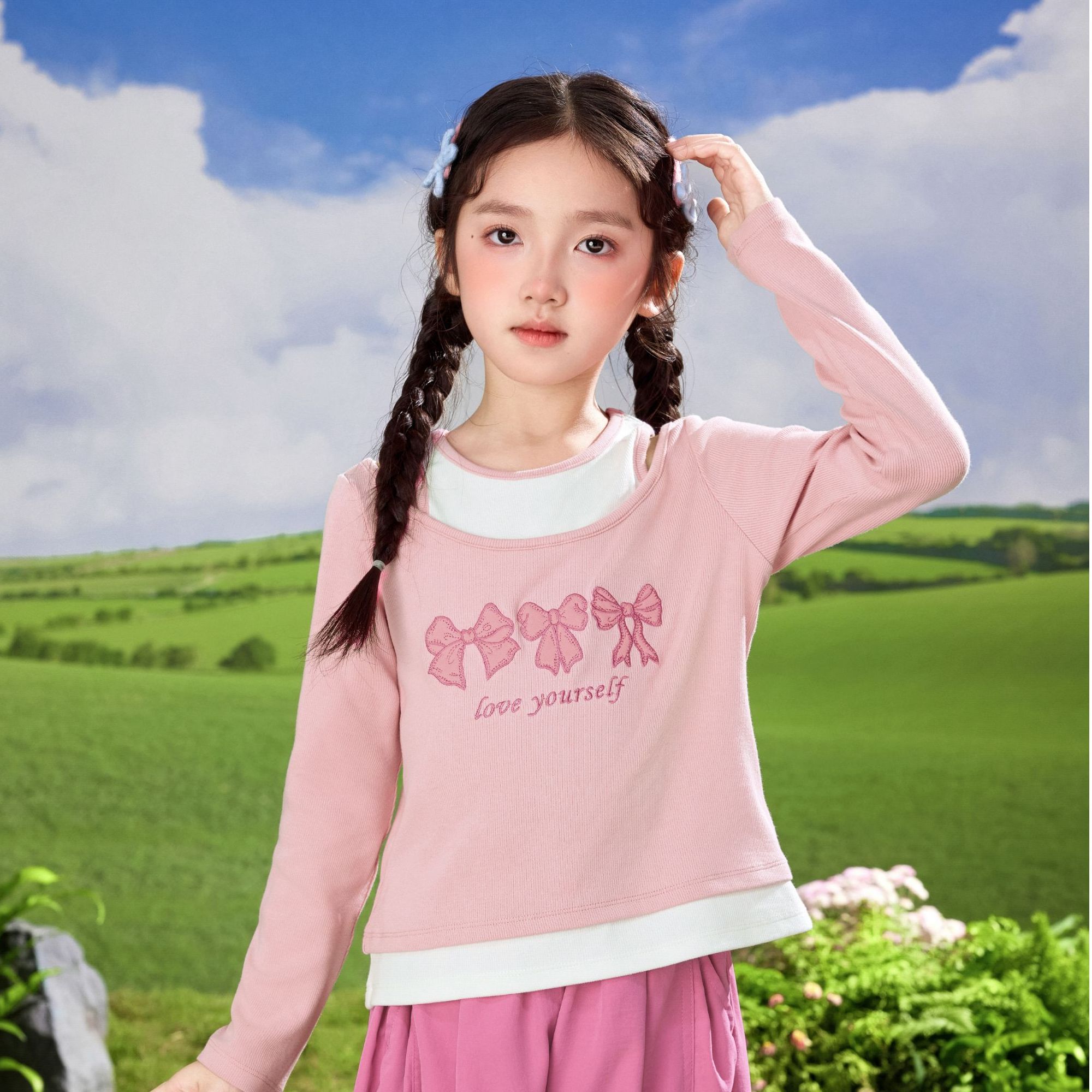 茵曼童装长袖t恤2025夏季蝴蝶结打底衫中大童套头上衣G3851209