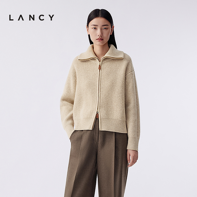 【纯羊毛】LANCY/朗姿2025冬新款气质大翻领针织衫双拉链短上衣女