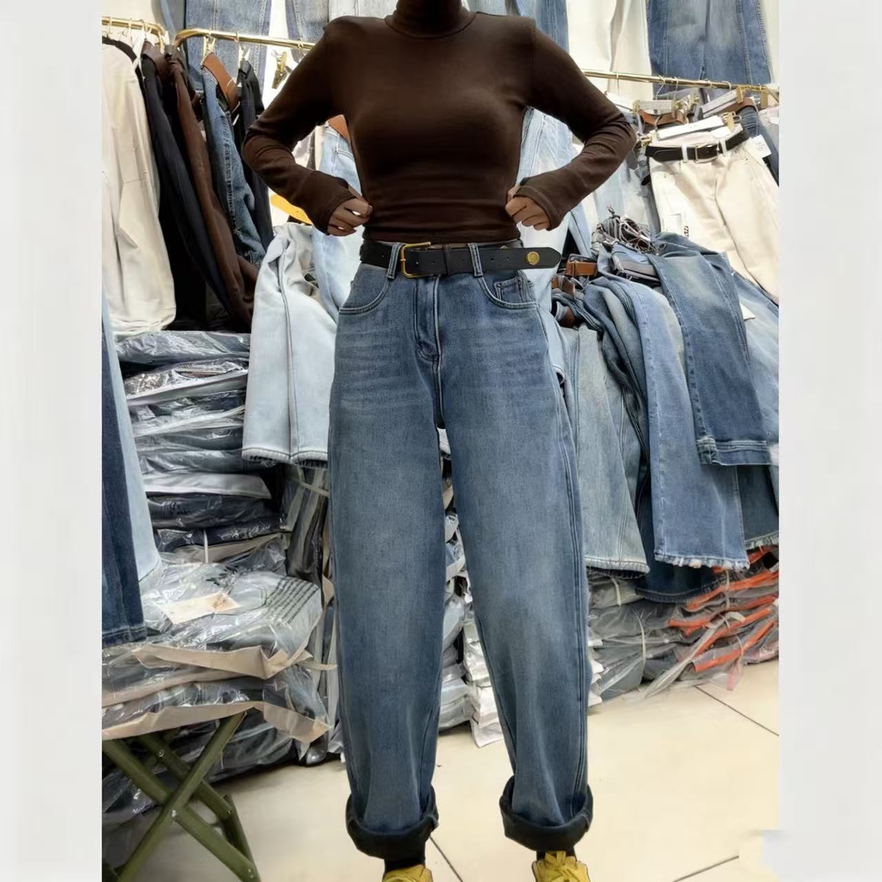 52852厚款秋冬冬季秋季休闲风哈伦裤老爹裤高腰春季牛仔裤