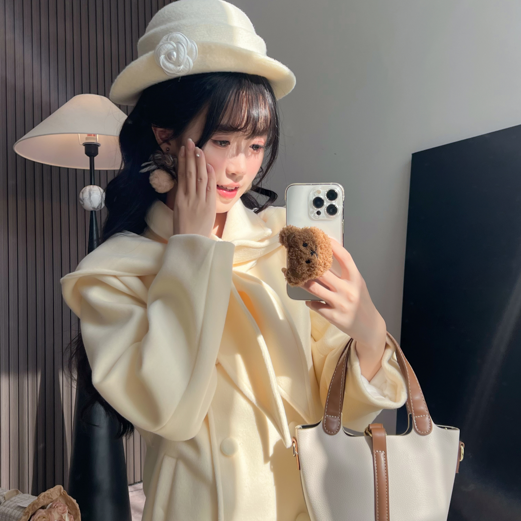 花崎鹿原创日出维纳斯设计直筒型千金风百褶毛呢大衣裙连帽气质