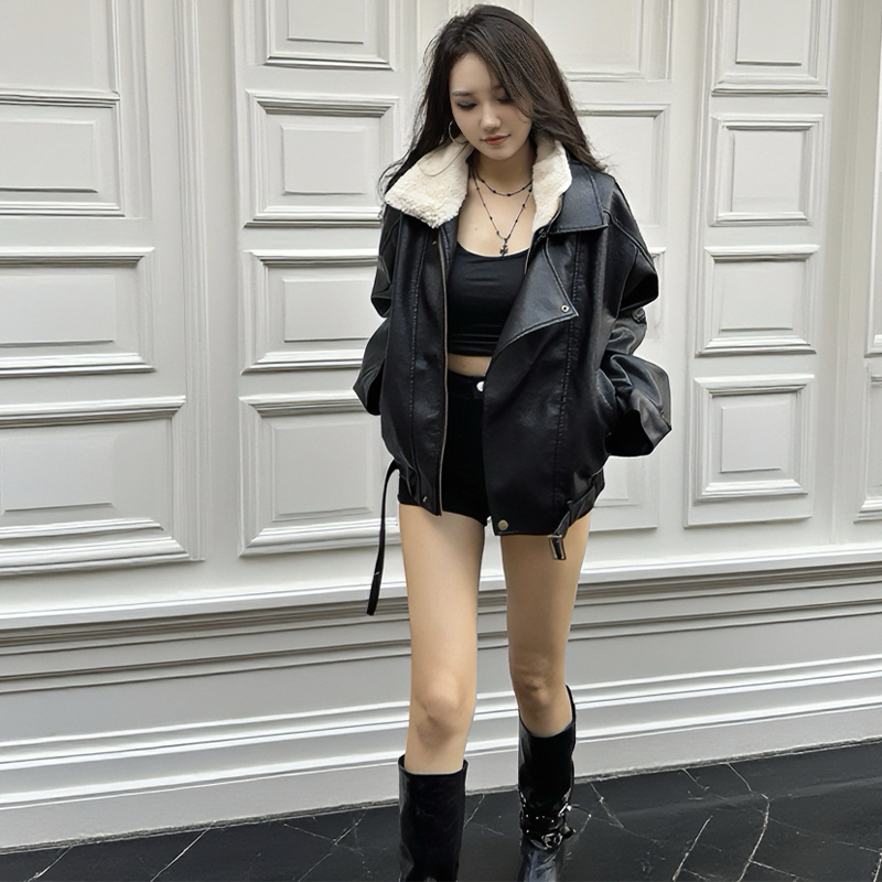 SoulSense高端肌理感阔版双领机车皮衣女秋冬加绒加厚