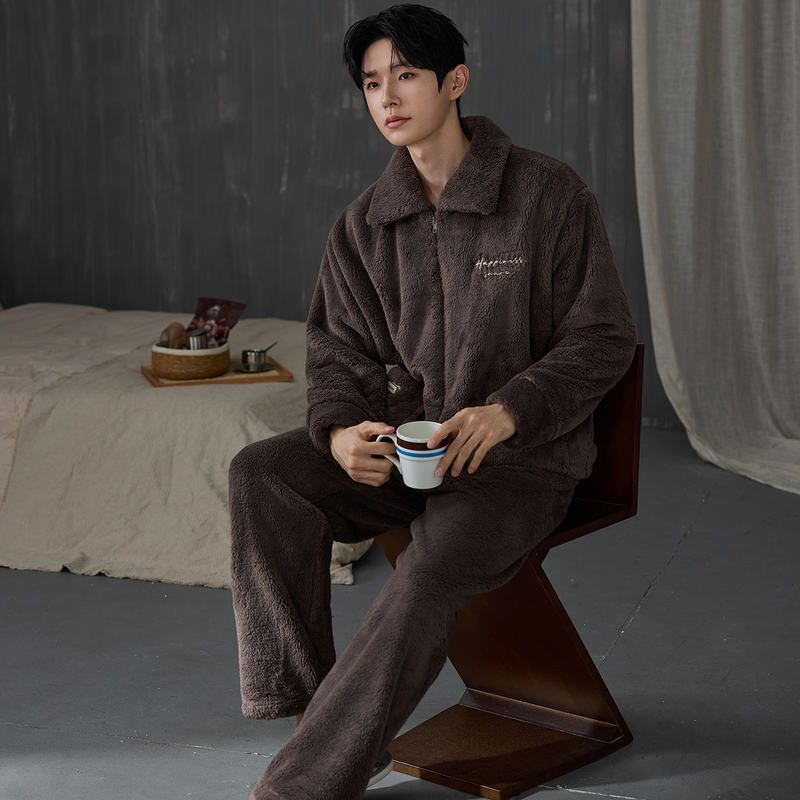 可外穿男大码宽松加绒加厚暖绒保暖家居服睡衣套装秋冬新款雪花绒