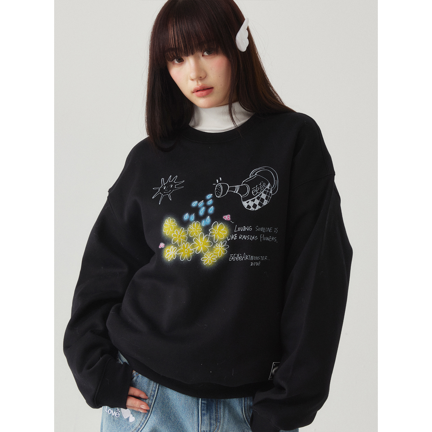 “爱如养花”| eeee复古涂鸦印花卫衣浇花简笔画长袖打底T恤春季