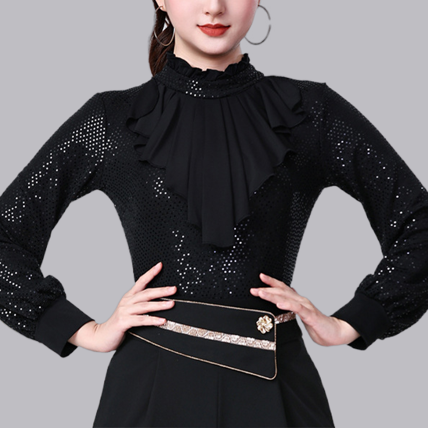 长袖T 新款女立领荷叶边亮片长袖修身显瘦上衣