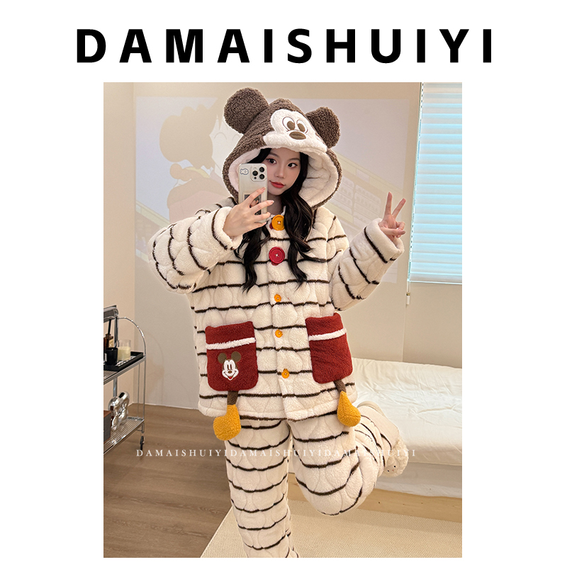 2025冬季小熊加绒加厚纽扣连帽三层夹棉保暖设计感睡衣家居服套装