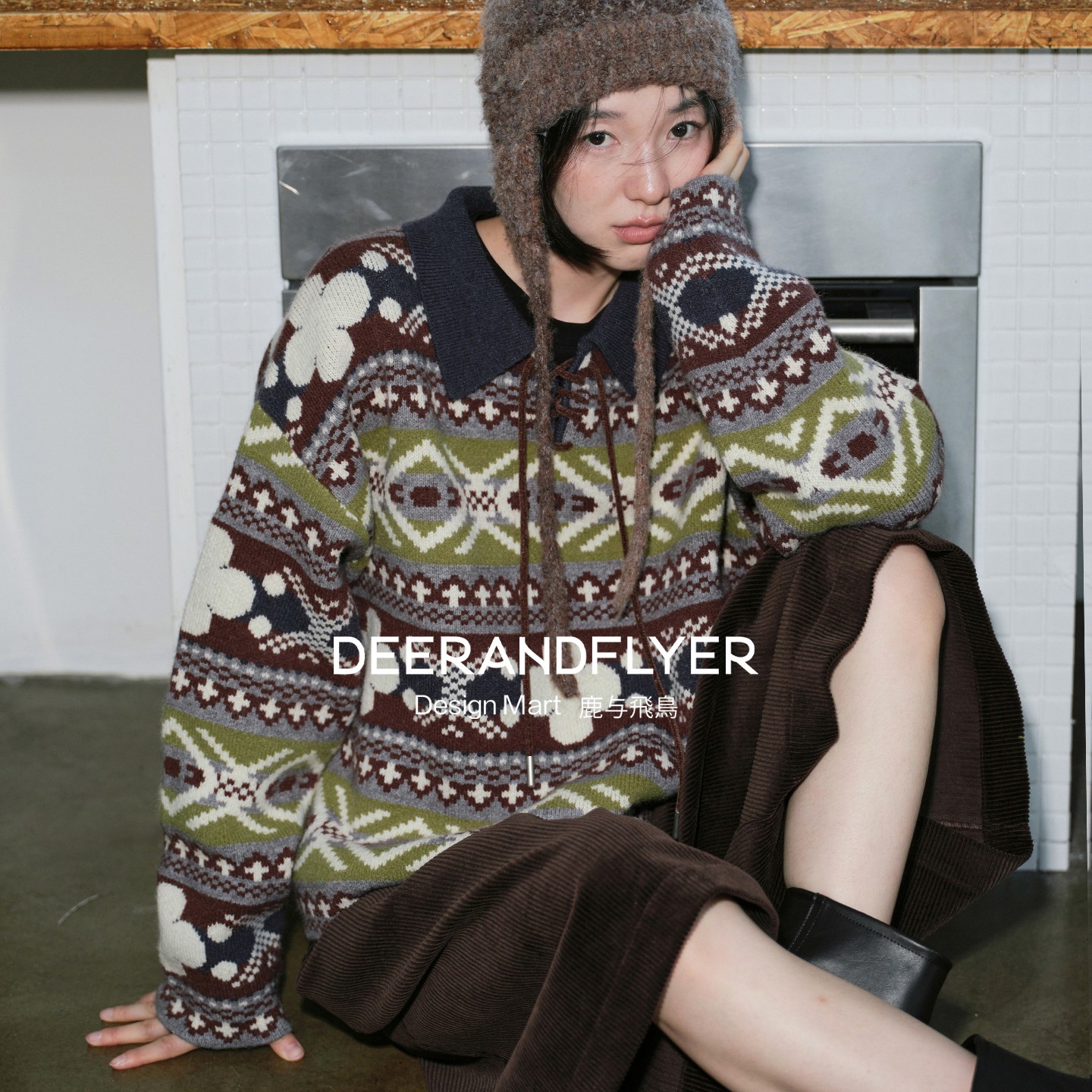 鹿与飞鸟“费尔岛”混纺纱线针织抽绳polo领复古提花毛衣7061