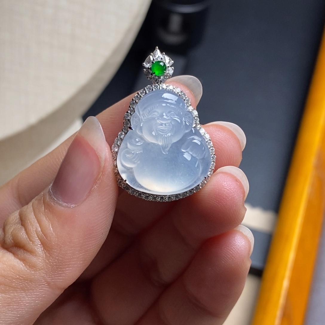翡翠18K金镶嵌颈饰高冰玻璃种茅台白起杠两用款财神吊坠