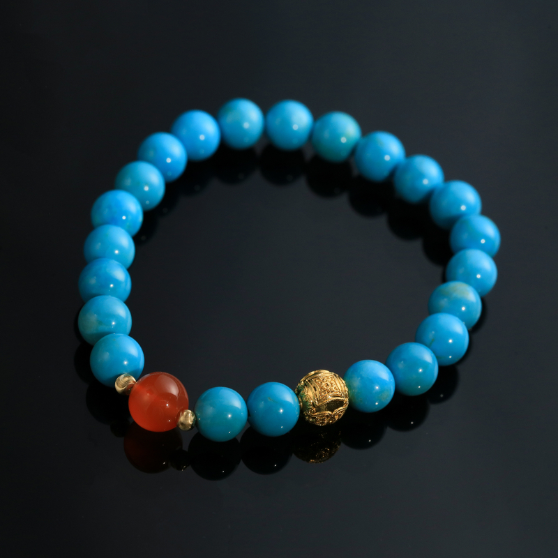 安曼博18K金绿松石美松南红圆珠千层雪手串 约7-7.5mm XZ0519BZ