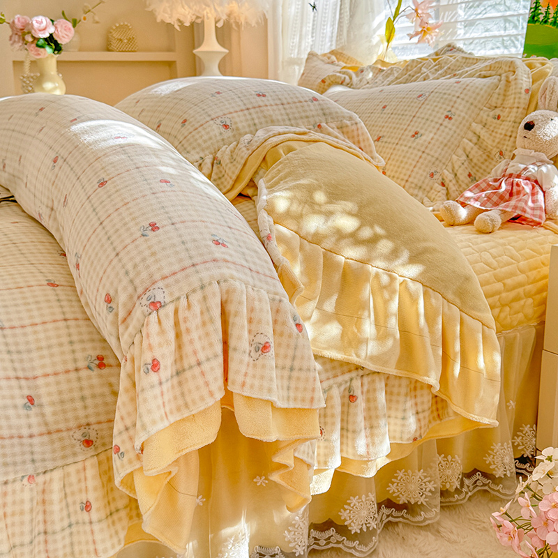 耐磨保暖床品套件小南瓜四件套绒被牛奶绒被罩双面床裙