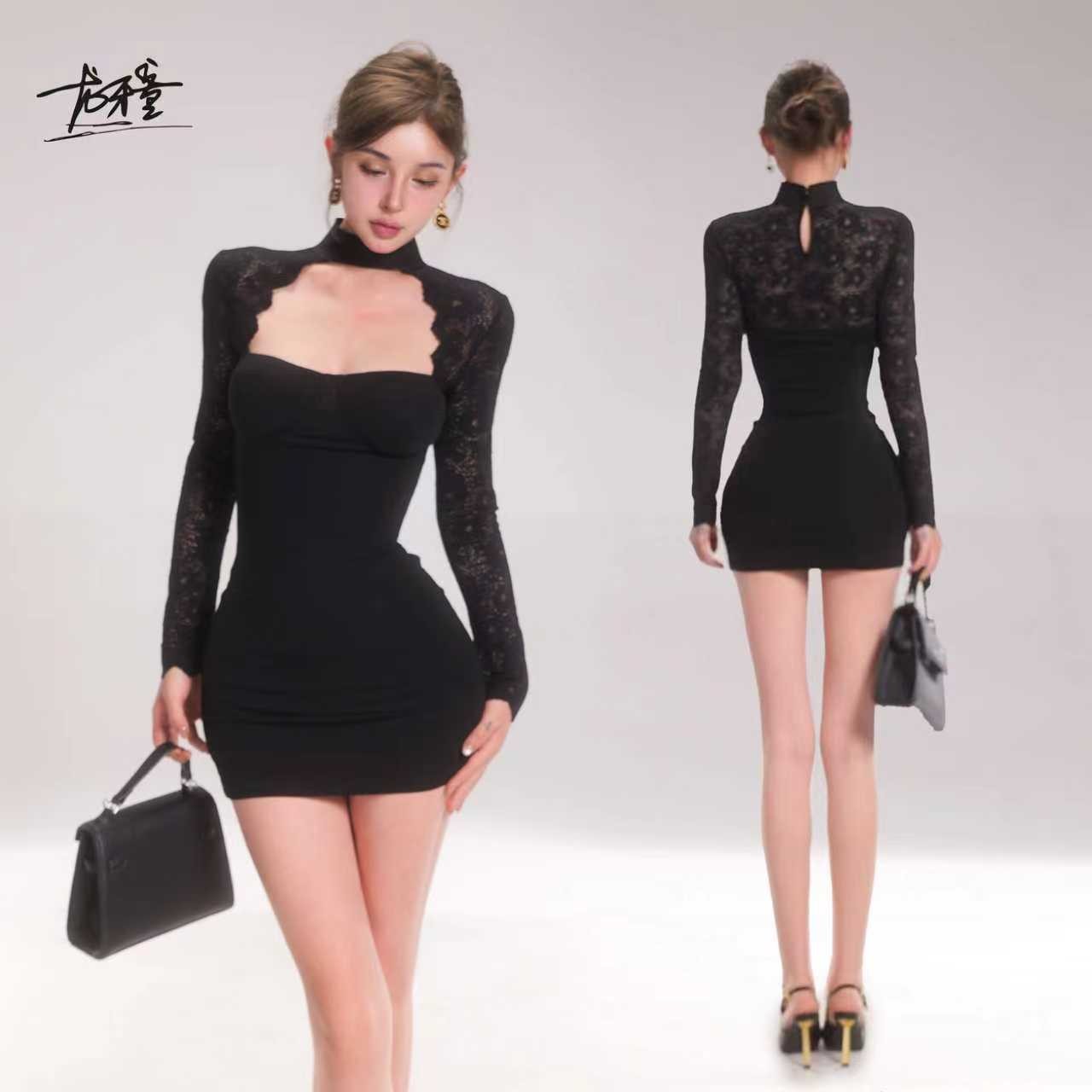 龙牙童推荐【复古微醺】赫本风纯色连衣裙蕾丝长袖显瘦气质辣妹修身