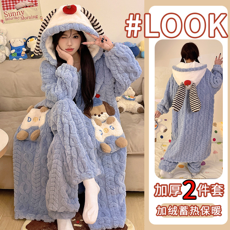 505小八卡皮巴拉珊瑚绒睡袍女秋冬季新款加绒加厚中长款家居服