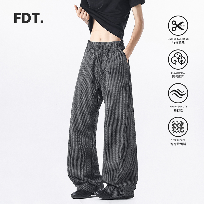 FDT老钱风黑色格纹抽绳休闲裤男女夏季潮弯刀百搭宽松阔腿休闲裤
