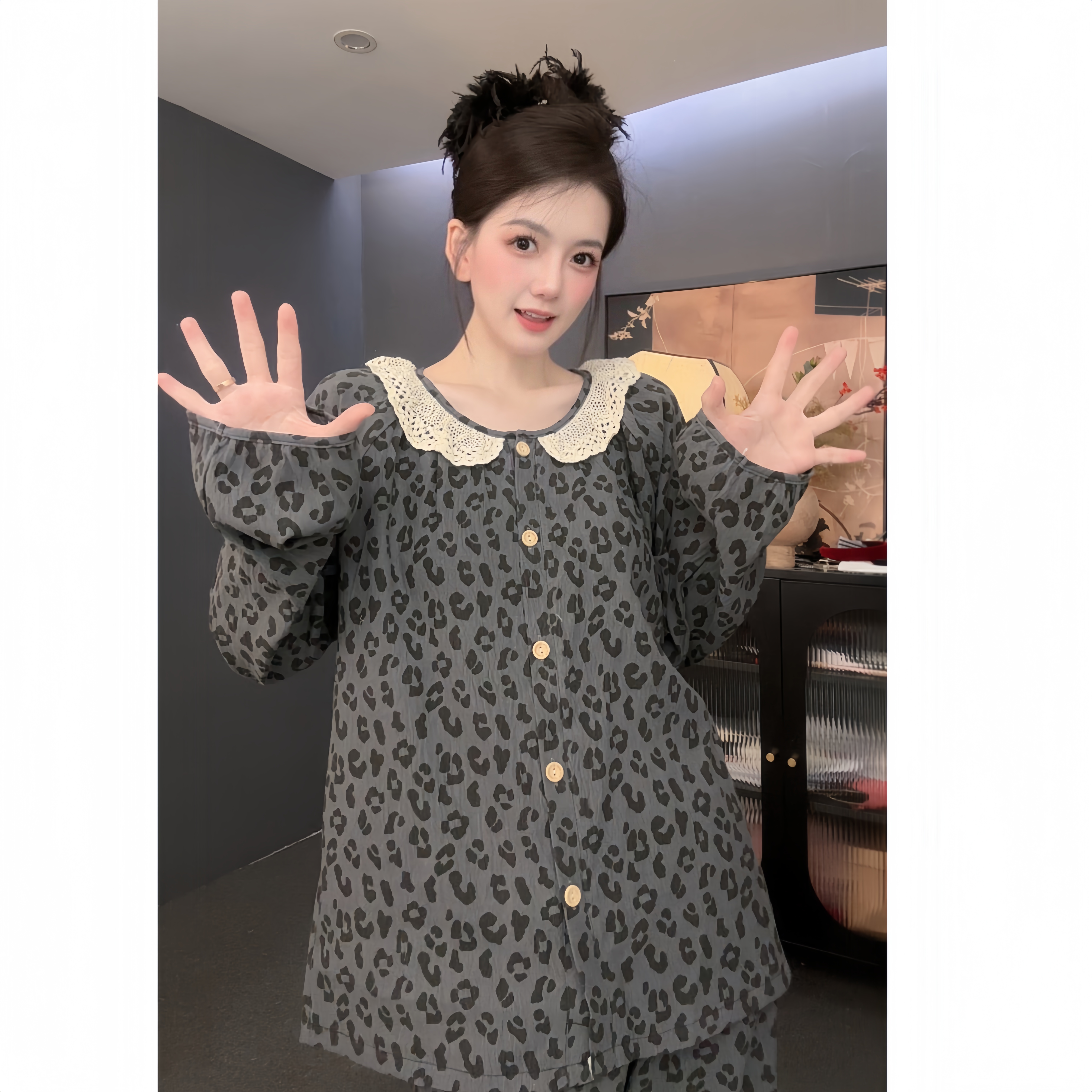 【花灰豹纹】花边长袖长裤睡衣套装女秋季薄款两件套家居服可外穿