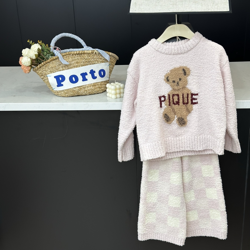 【现货】Leomama女童卡通小熊半边绒睡衣秋冬保暖加厚家居服套装