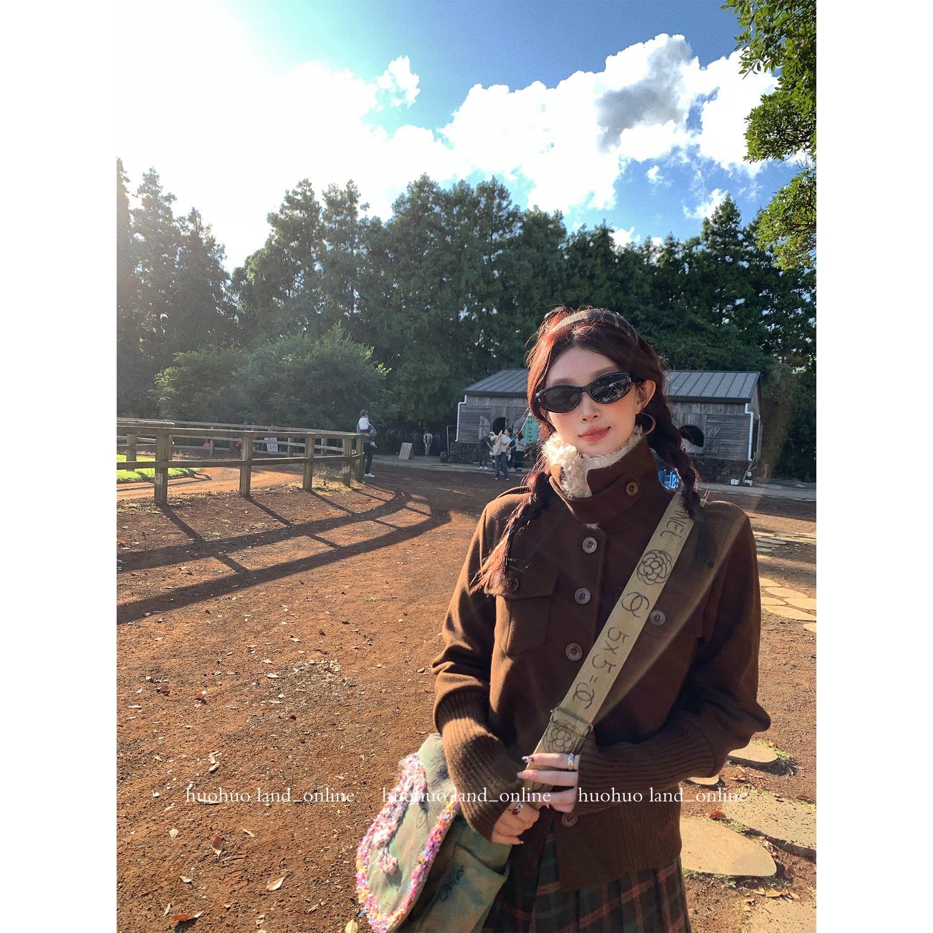 焦糖深巧 氛围感美式针织袖毛领外套百搭秋冬季新款2025收腰上衣