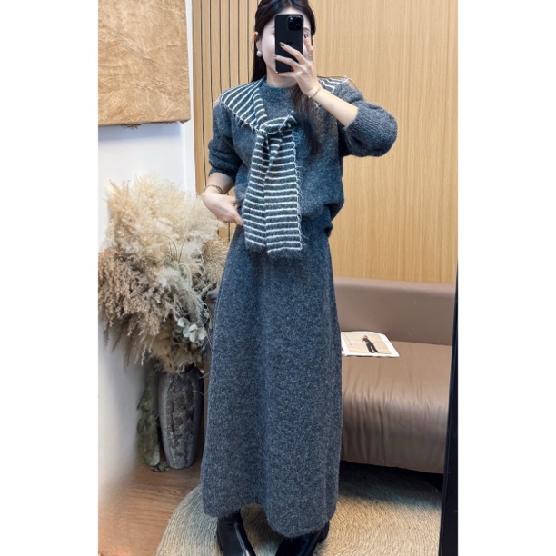 【雾杉迷影】秋冬韩系慵懒风软糯针织衫松紧腰条纹帽披肩半身裙套装
