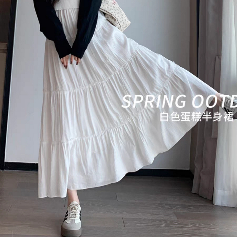 【两个裙长】桃花皱半身裙女2025新款高腰温柔风仙女A字蛋糕长裙子