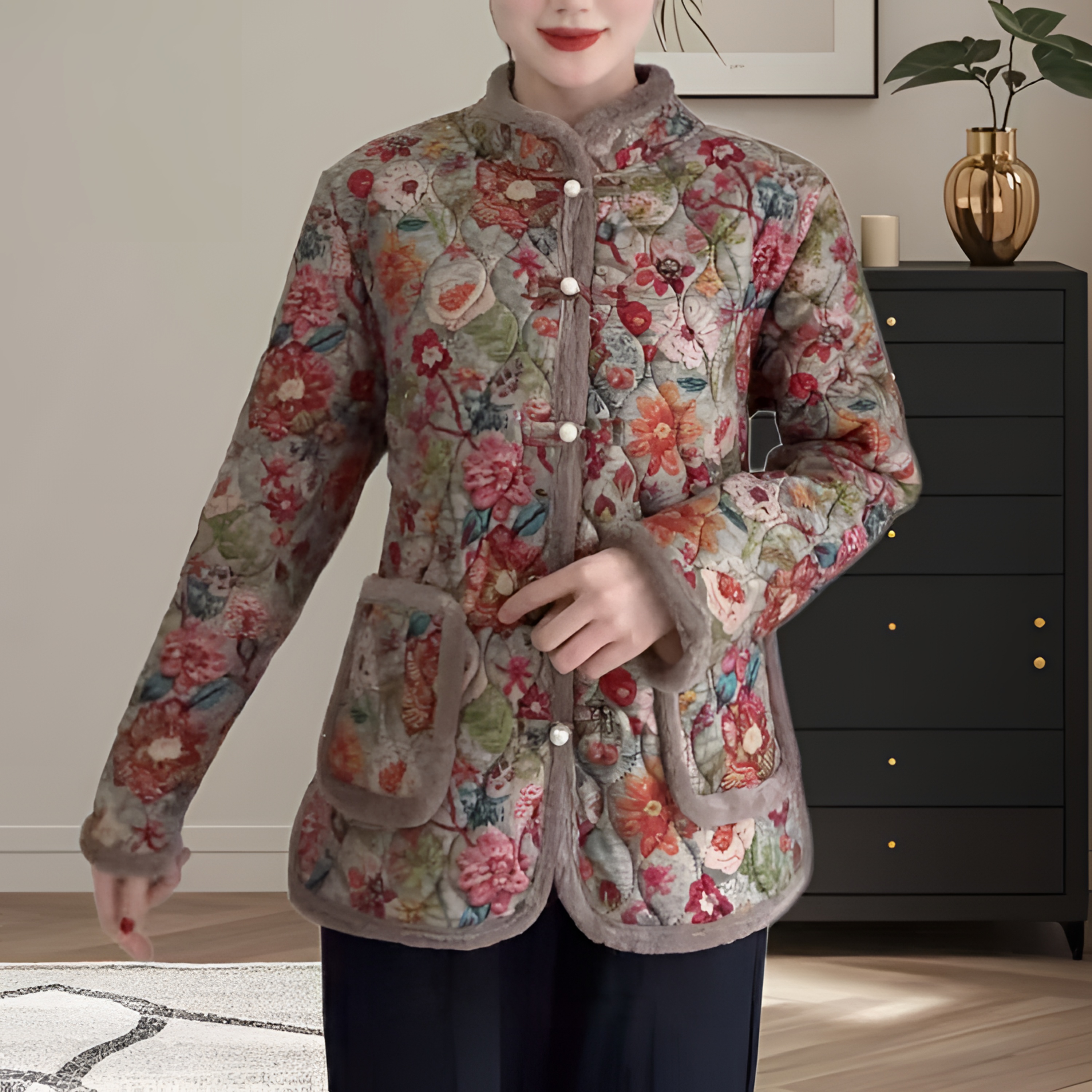 新中式女款秋冬立领妈妈装提花亲肤舒适棉服加绒加厚中国风