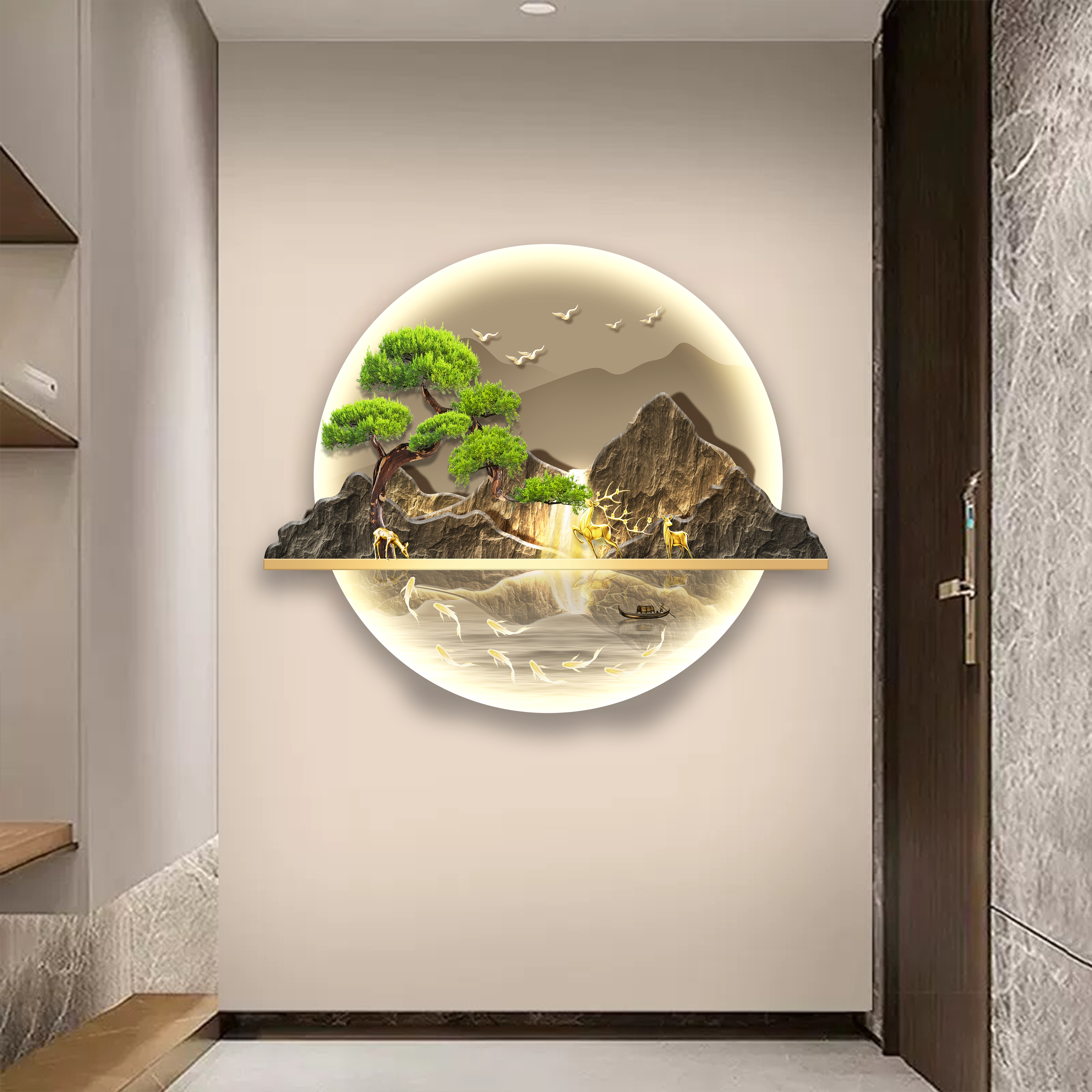 DK14发财树入户玄关装饰画新中式山水走廊轻奢金钱树圆形带灯壁画