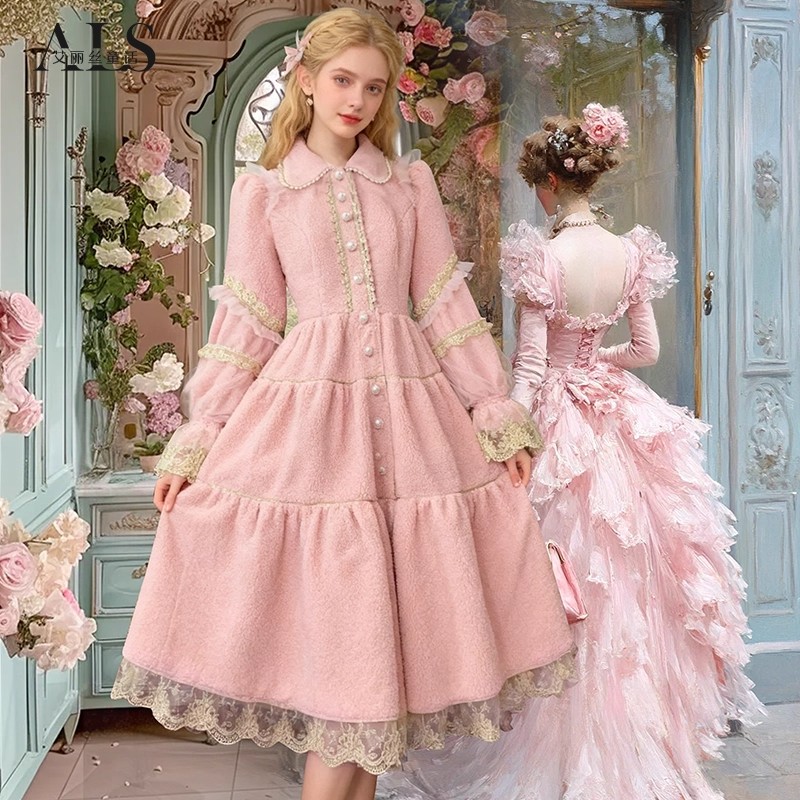 2025冬季新款复古粉色甜美宫廷风娃娃领中长款毛呢大衣女HD002QK