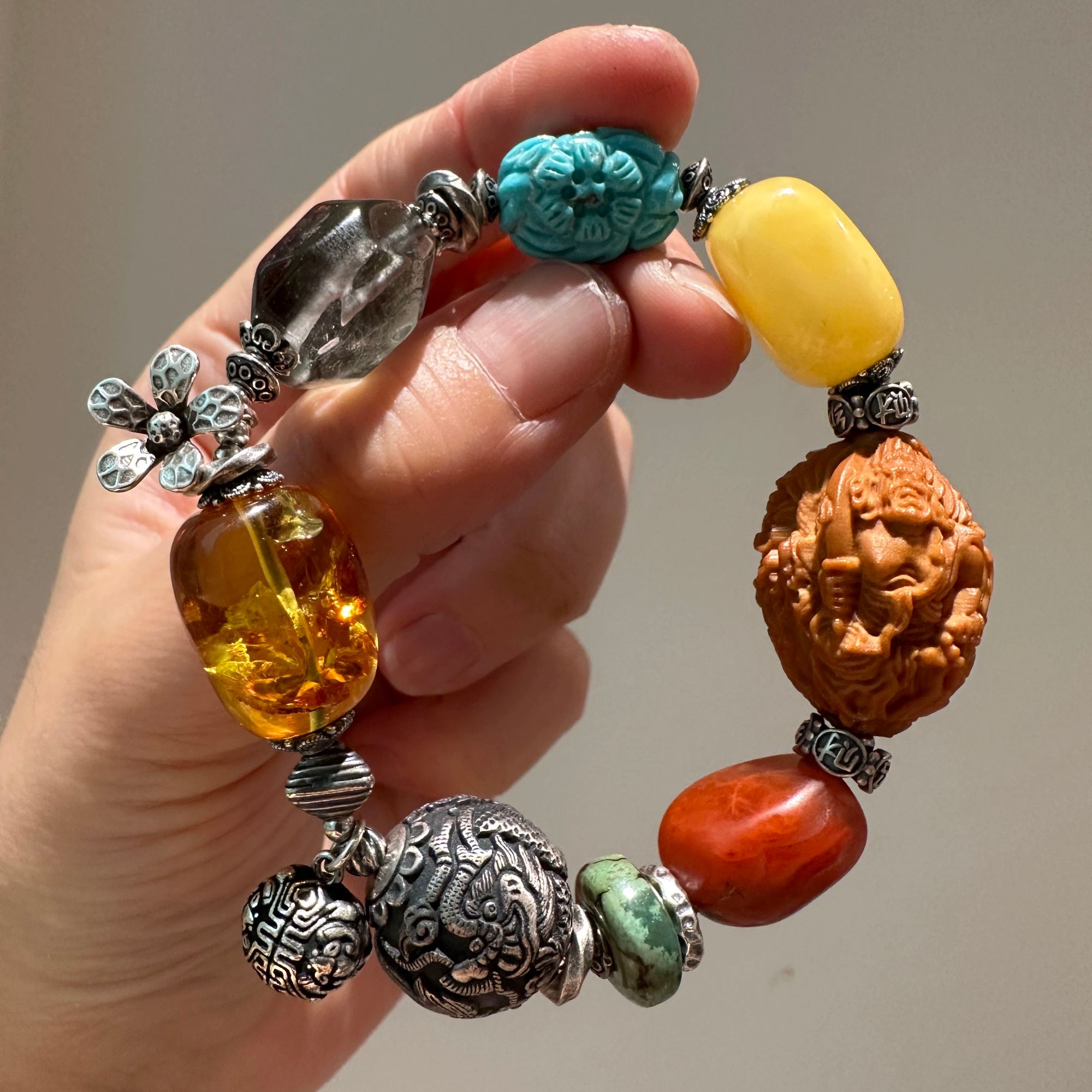 925银手链 S12022龙凤珠蓝色雕刻花朵桶珠多宝手串手链