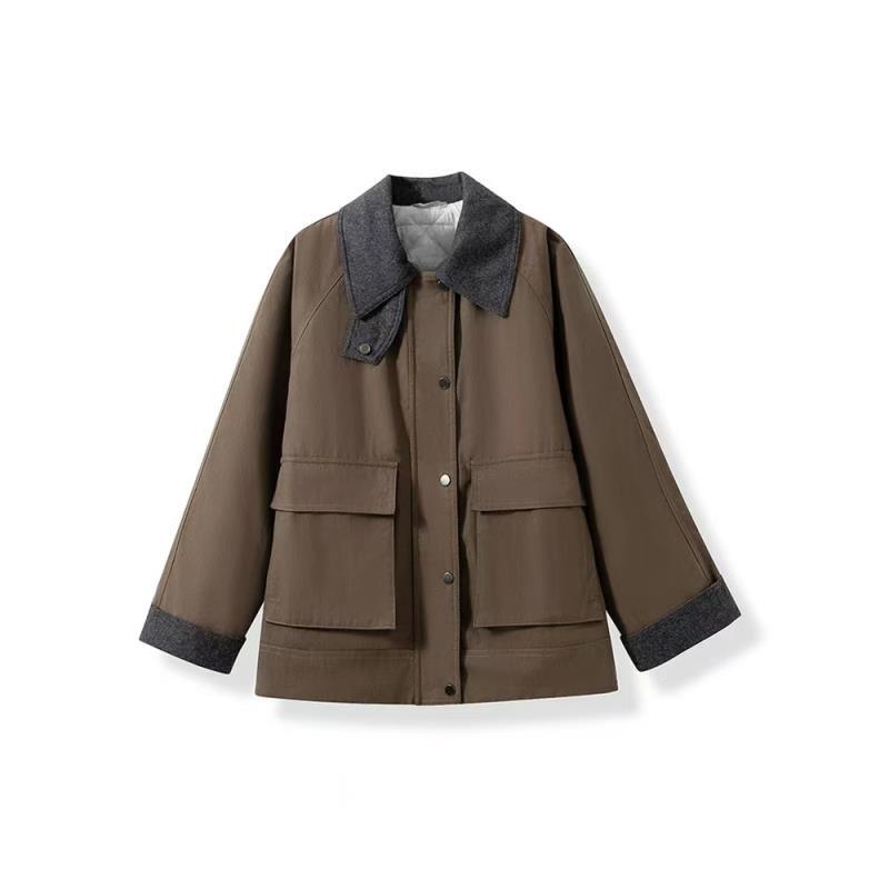 [BC]巴恩风翻领短外套秋季复古拼接工装夹克棉衣休闲拼接 0075