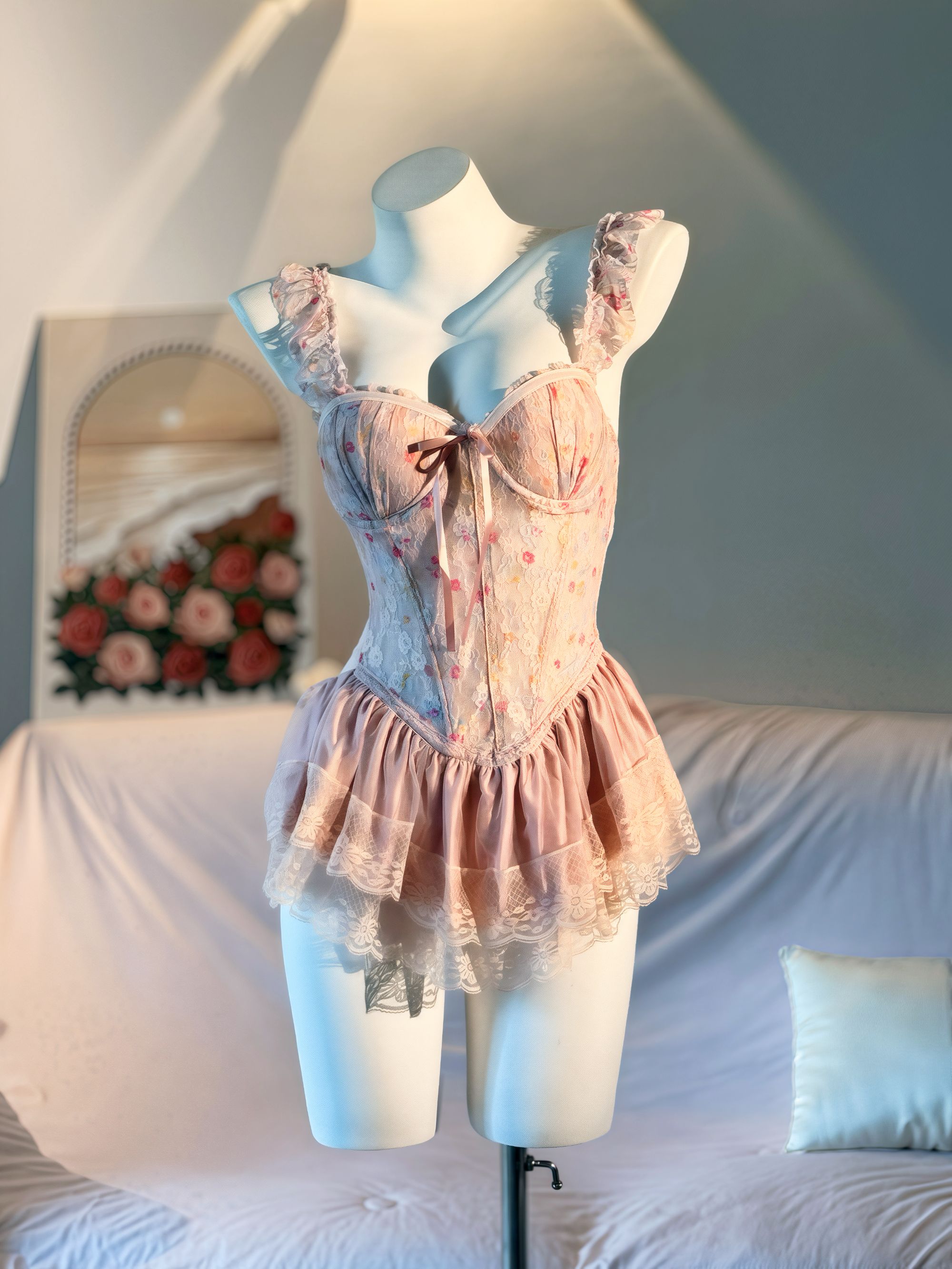 【甜情秘意】法式纯欲甜美吊带睡裙性感带胸垫鱼骨收腰显瘦巨龙睡衣