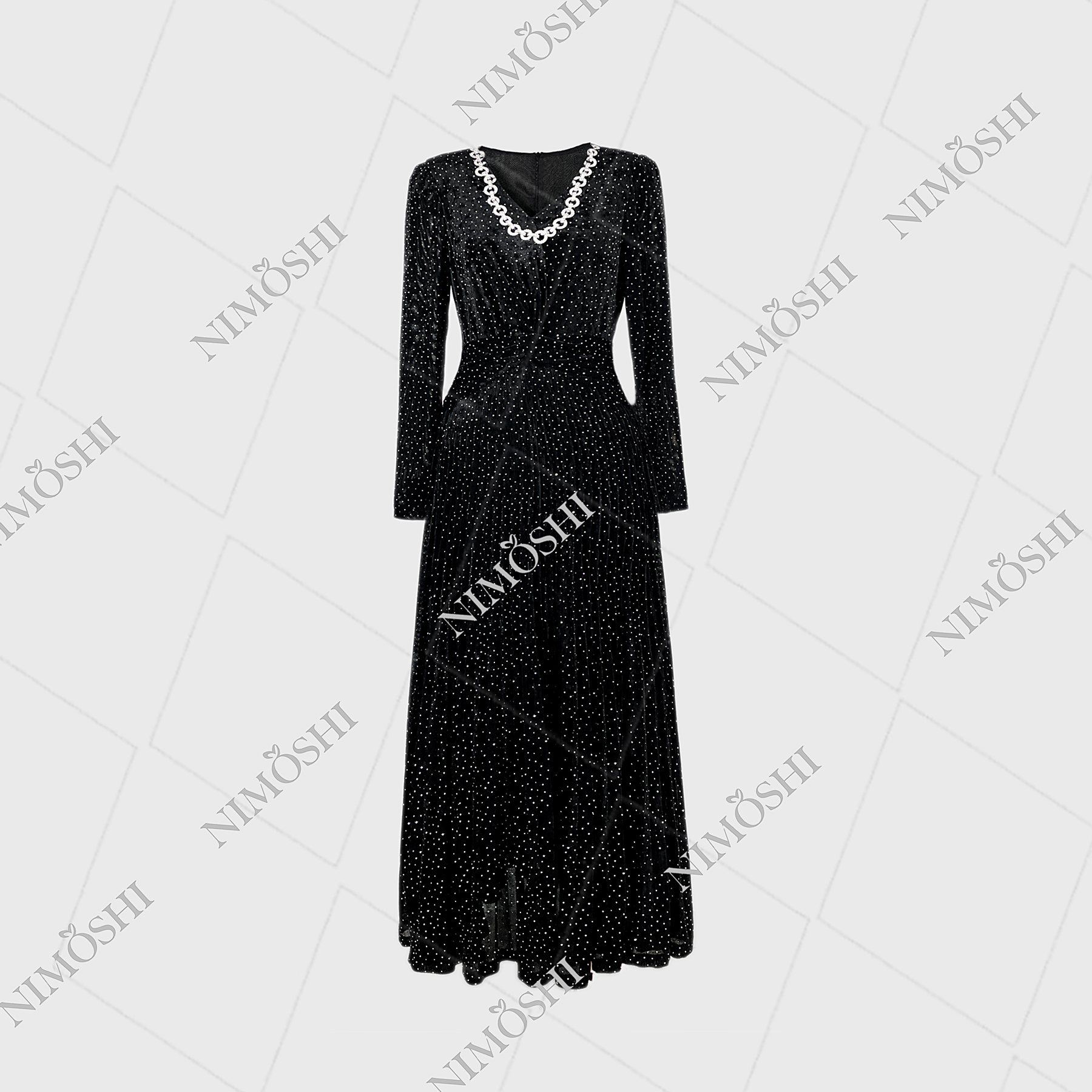 NIMOSHI【莎莎】法式重工钉珠黑色丝绒显瘦长裙小黑裙Q1069