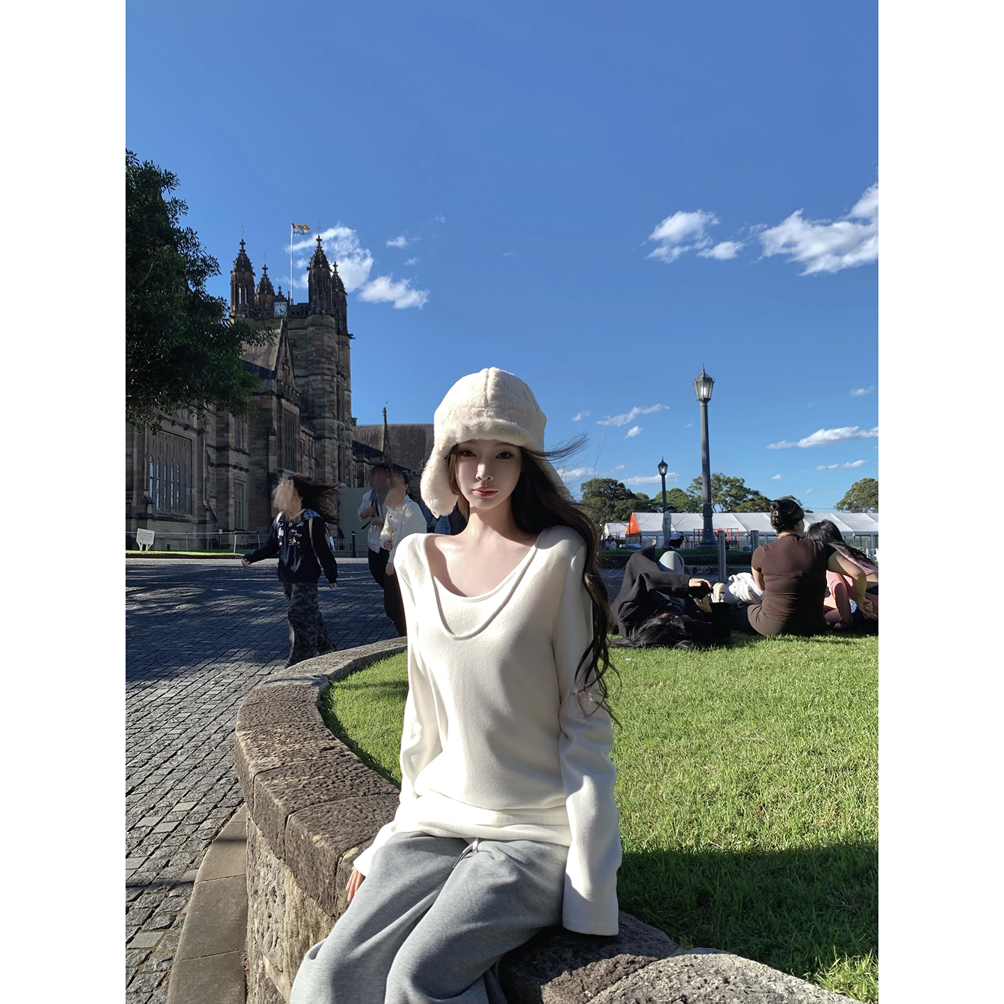 SuuuIcee 糯糯软语 假两件双面磨毛针织打底衫女V领宽松内搭上衣