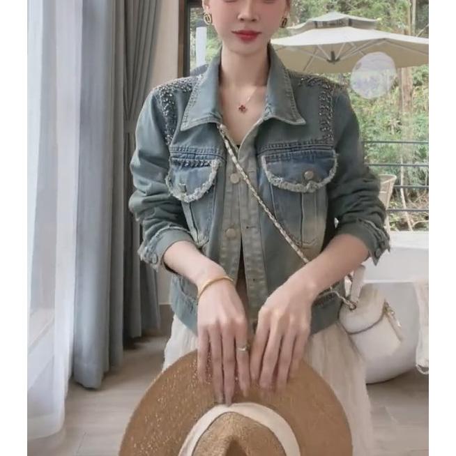 网红设计感小众钉珠毛边长袖牛仔短外套洋气百搭时尚上衣女外套