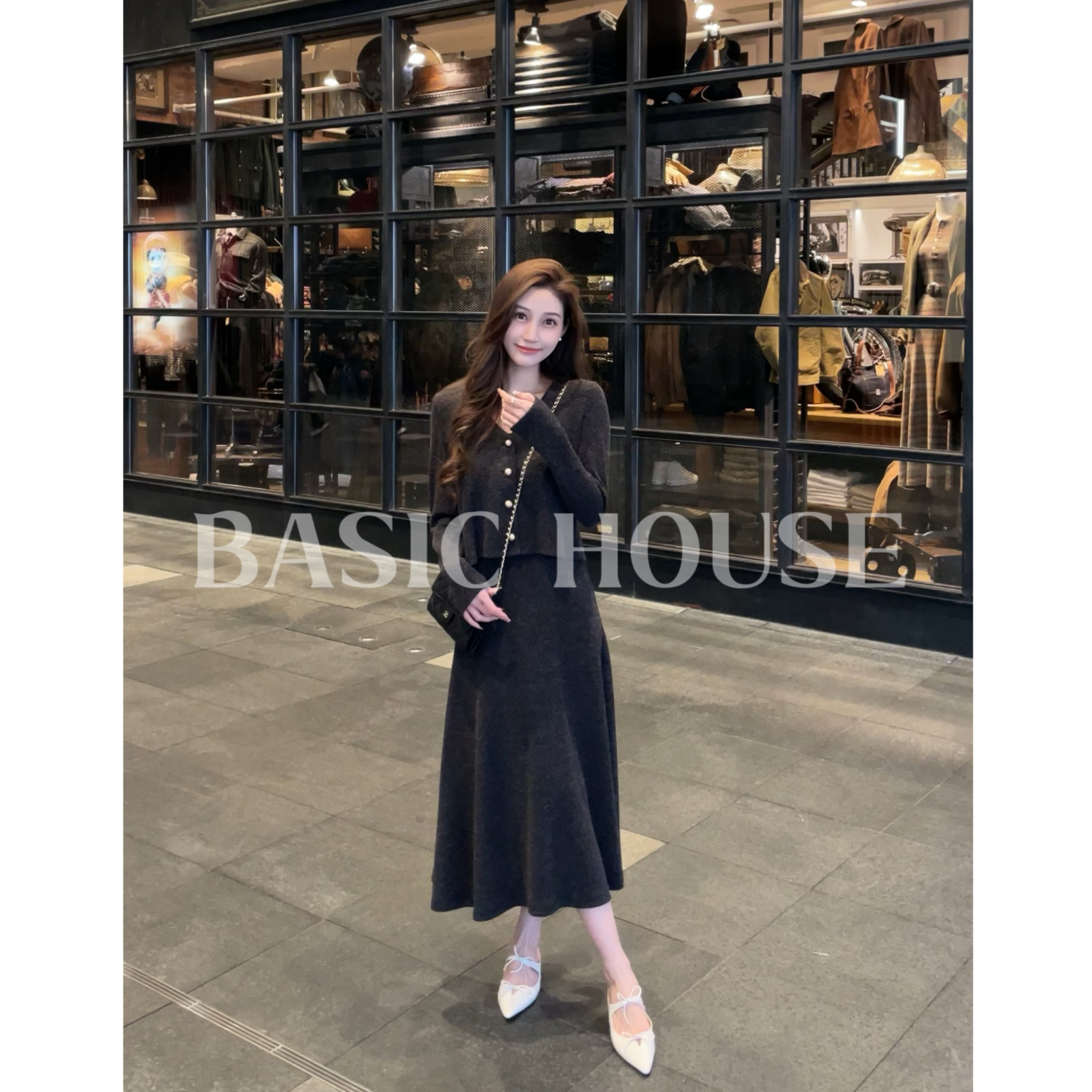 Basic House/百家好2025春季极简纯色设计感气质韩系连衣裙套装