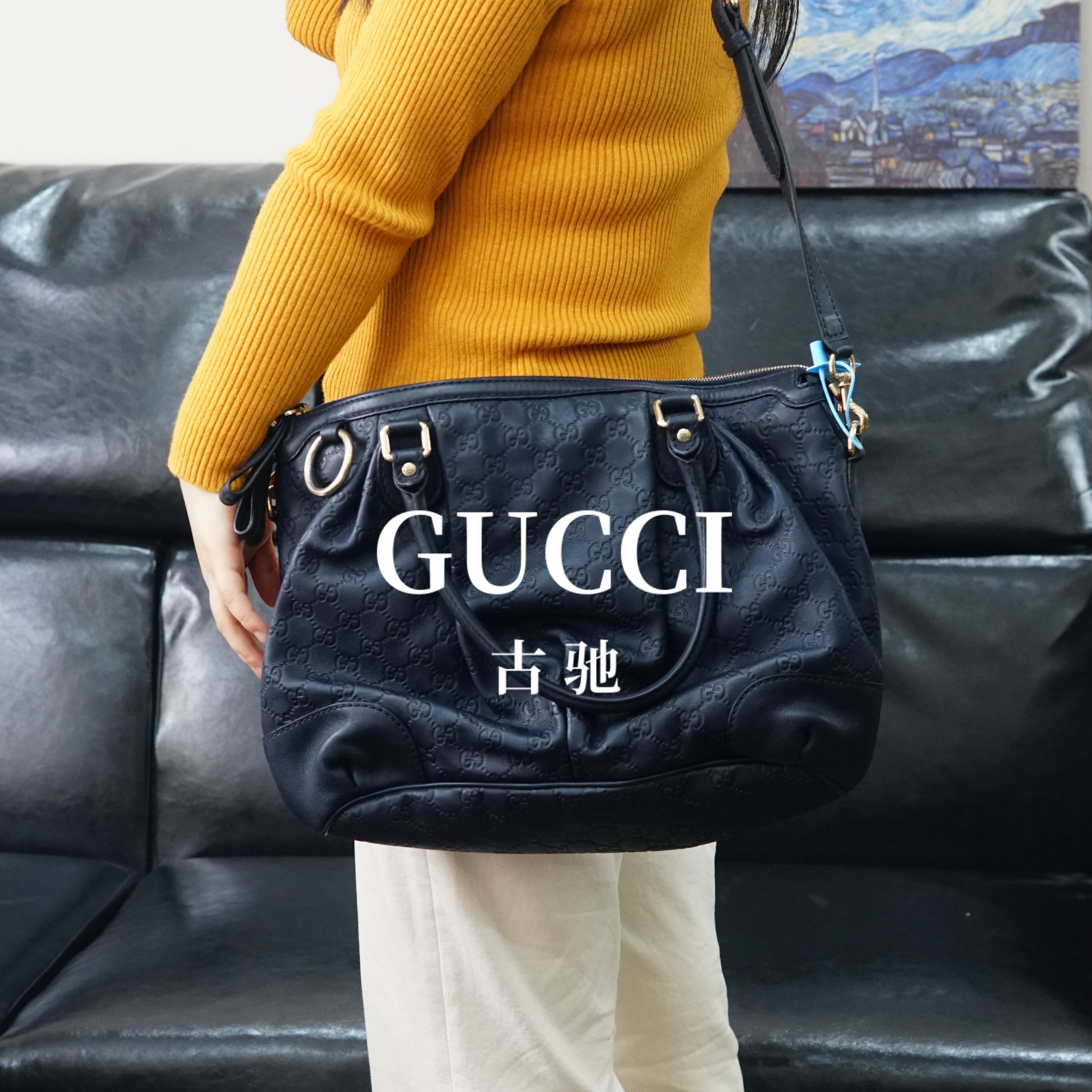 95新 GUCCI/古驰 蓝色压纹斜挎包/F3BX11516027/6027