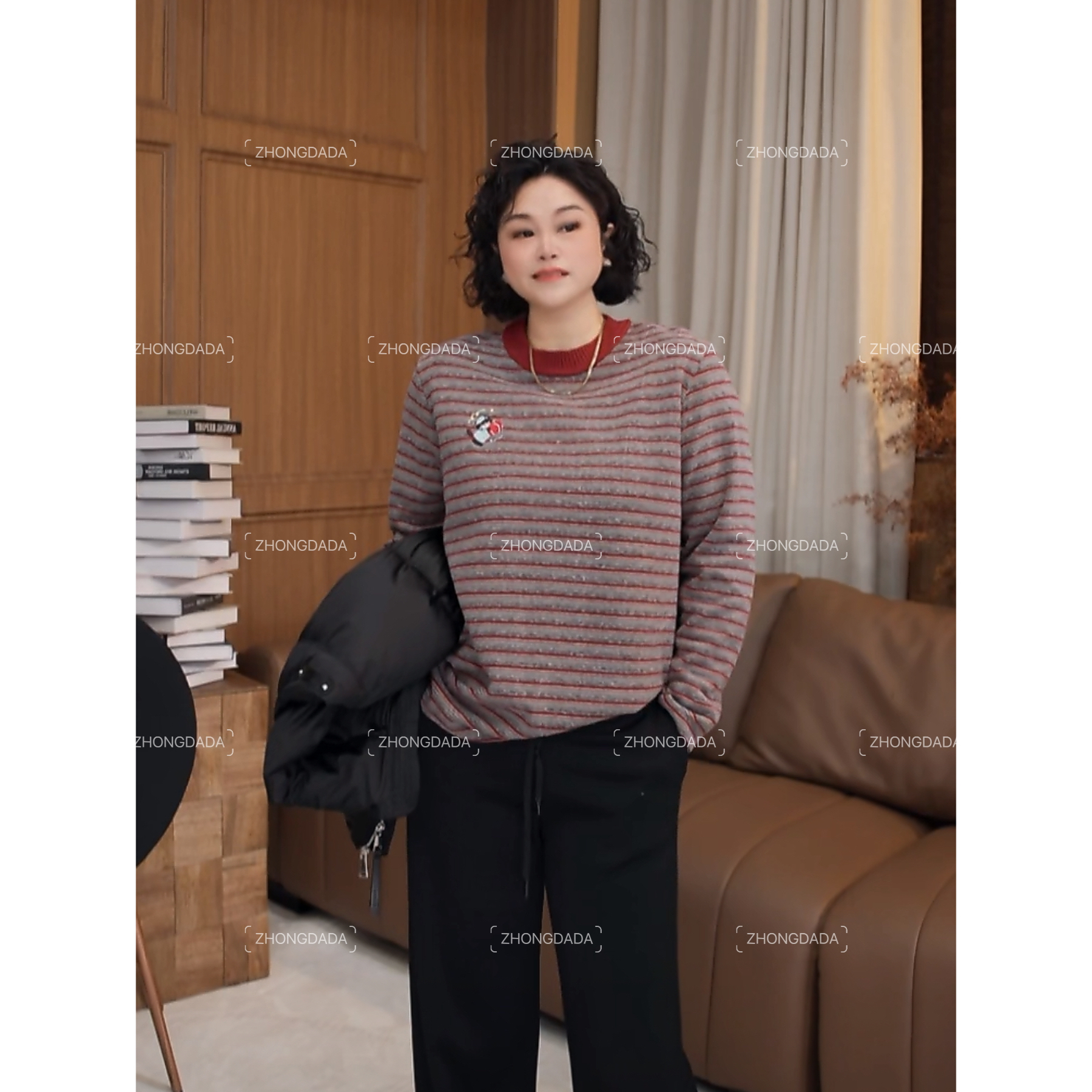 ZHONG大大【】条纹刺绣宽松显瘦长袖针织女秋冬新款上衣12260