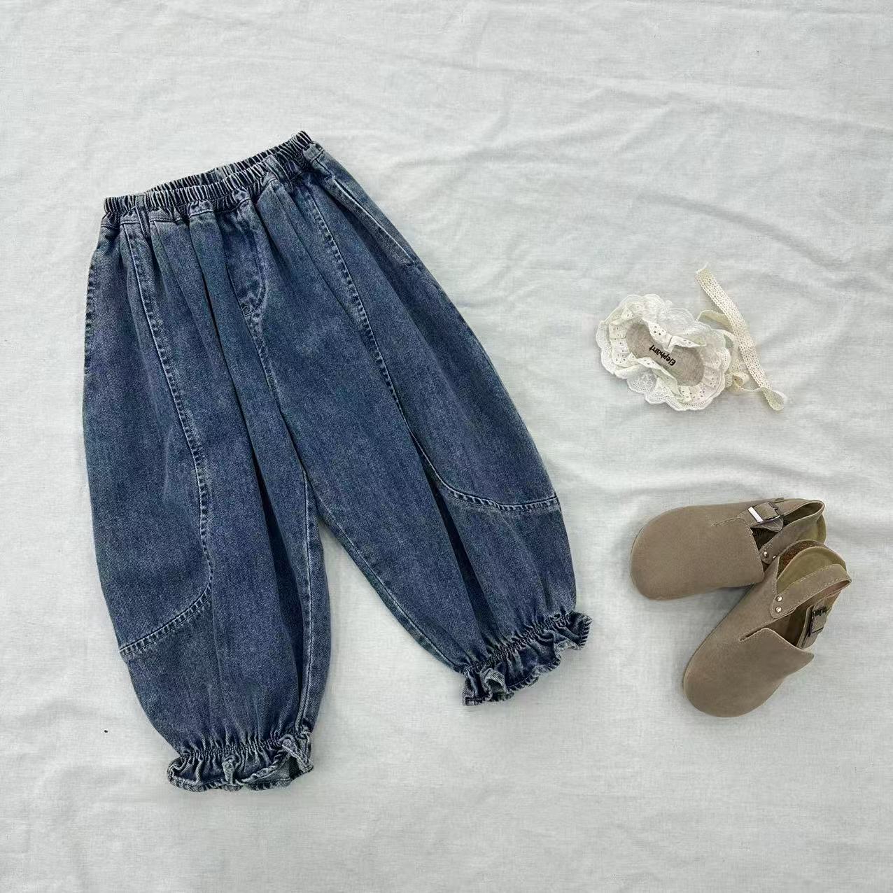 〖姐姐家〗2025春款儿童萌娃穿搭脚口木耳边牛仔长裤sy3460