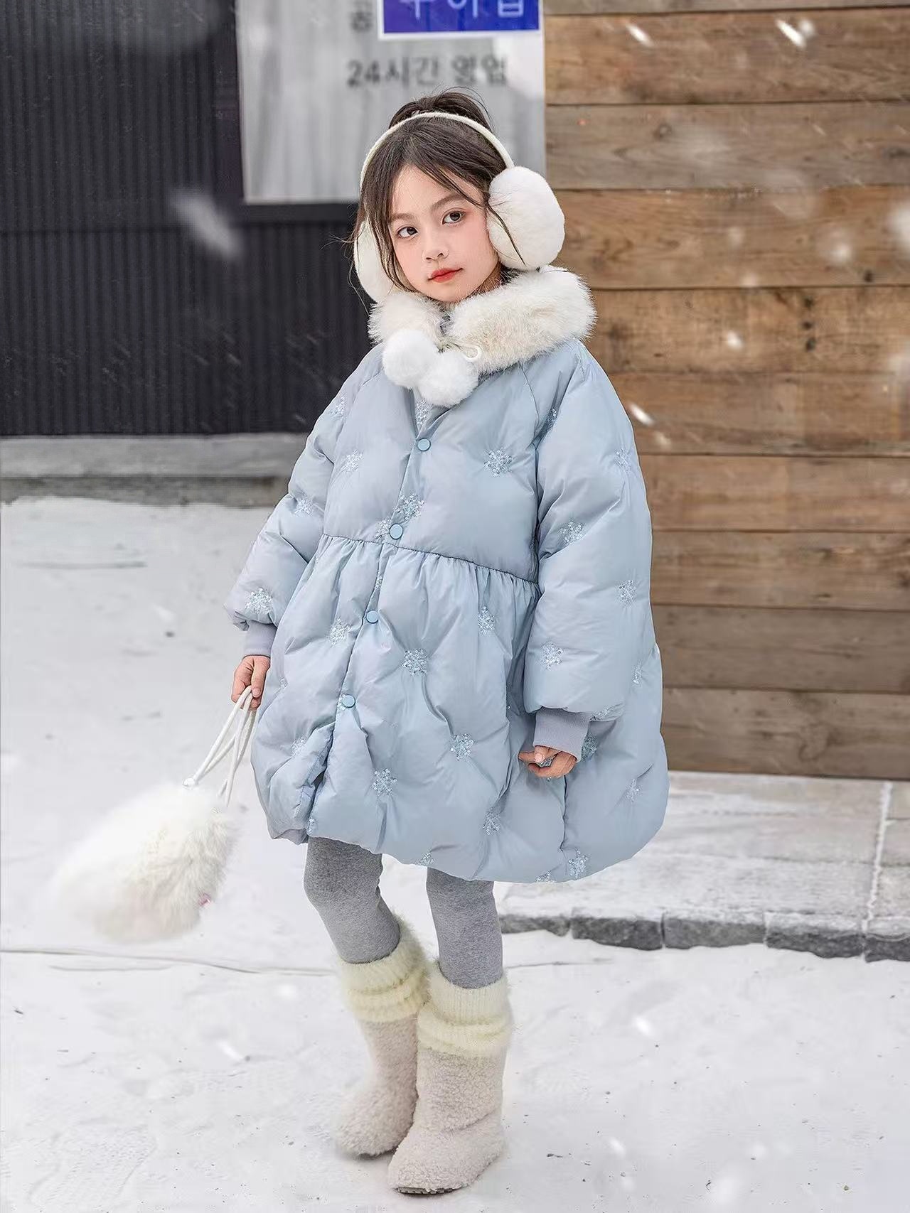 女童棉服冬款雪国精灵加厚棉衣可拆卸毛毛领雪花亮片棉袄外套