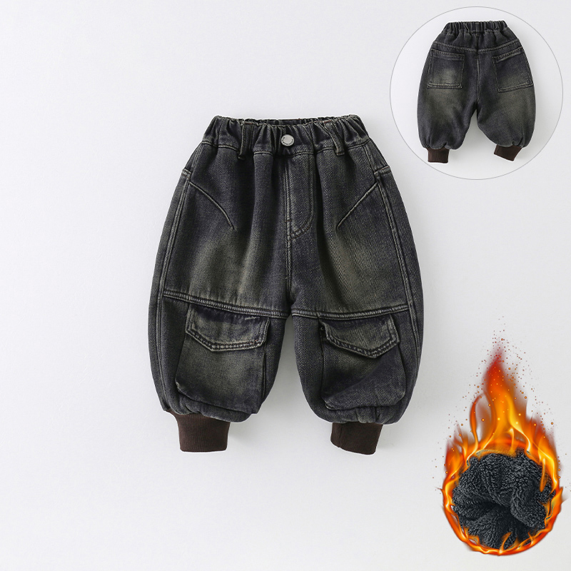 现货【厚绒】儿童加绒牛仔裤冬季新款男童工装束脚保暖裤子AK1013
