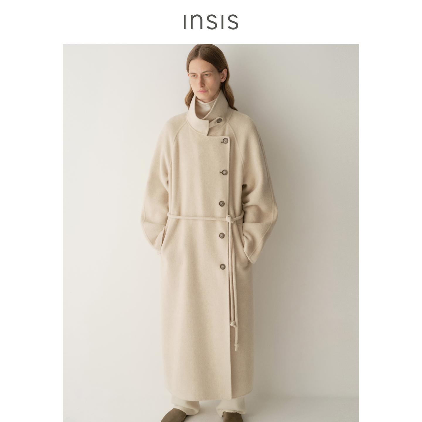 INSISFEMME绵羊毛双面呢立领小圆绳腰带新中式偏门襟长款大衣女
