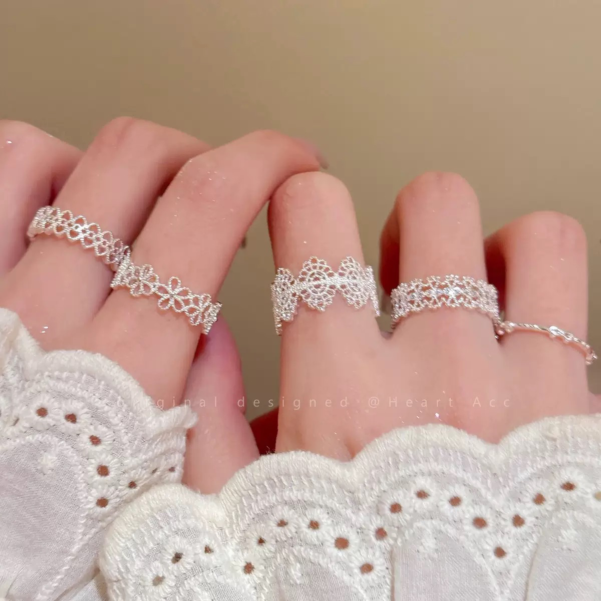 足银锆石戒指 足银简约蕾丝开口百搭精致戒指